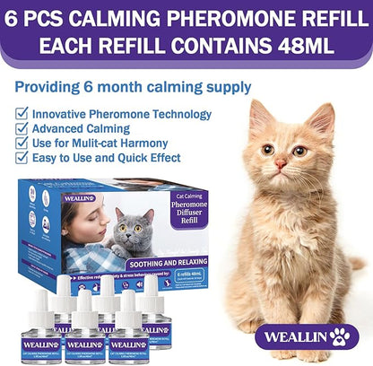 6 Pack Cat Calming Diffuser Refills - Cat Pheromones Calming Diffuser Refill Relieve Anxiety &amp; Stress 6 Month Supply, Cat Pheromone Diffuser Refills (Fits All Common Diffuser Heads)
