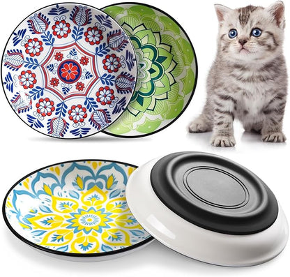 Non-Slip Cat Bowl,Ceramic Cat Food Bowls with Silicone Bottom, Anti-Whisker Fatigue Cats Dishes Set, Shallow &amp; Wide Kitten Plates for Food and Water, 4 Pack