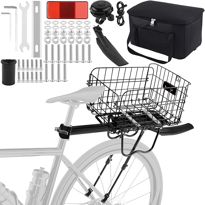 Aodaer Rear Bike Rack with Basket Quick Release Bike Rear Rack Heavy Duty Folding Bike Basket with Waterproof Bag &amp; Cargo Net &amp; Installation Tool