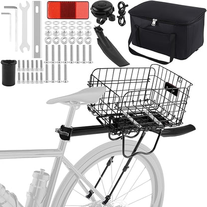 Aodaer Rear Bike Rack with Basket Quick Release Bike Rear Rack Heavy Duty Folding Bike Basket with Waterproof Bag &amp; Cargo Net &amp; Installation Tool