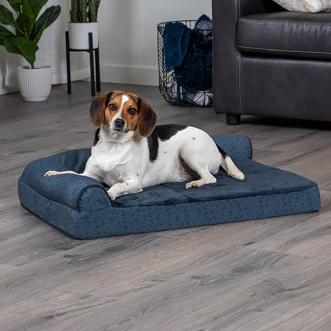 Furhaven Cooling Gel Dog Bed for Medium/Small Dogs w/ Removable Bolsters &amp; Washable Cover, For Dogs Up to 35 lbs - Plush &amp; Almond Print L Shaped Chaise - Blue Almonds, Medium