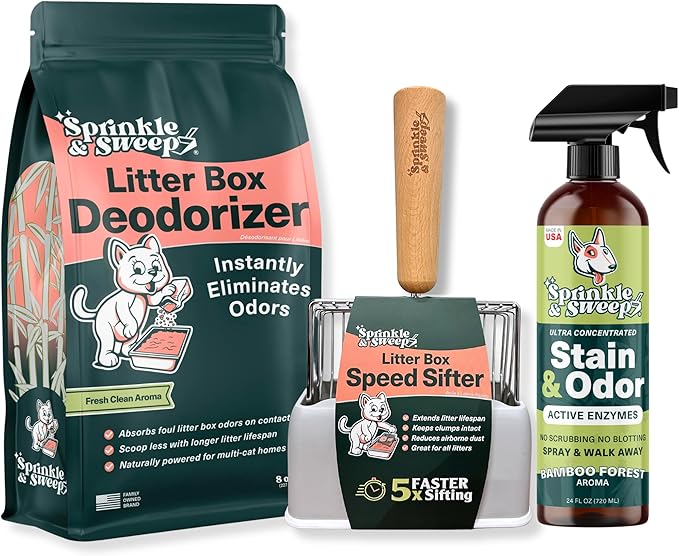 Sprinkle &amp; Sweep Litter Box Deodorizer - Cat Litter Deodorizer Non Toxic and Safe for Kittens - Instantly Eliminates Foul Smells and Urine Odors (Bag, Sifter &amp; Spray)