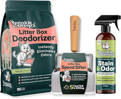 Sprinkle &amp; Sweep Litter Box Deodorizer - Cat Litter Deodorizer Non Toxic and Safe for Kittens - Instantly Eliminates Foul Smells and Urine Odors (Bag, Sifter &amp; Spray)