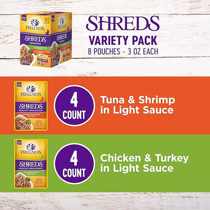 Wellness Healthy Indulgence Shreds Adult Wet Cat Food, Natural, Protein-Rich, Grain Free, 3 Ounce Pouch, 8 Pack, (Shreds Variety Pack)