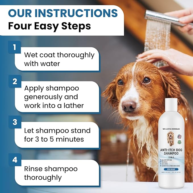 Premium Anti Itch Dog Shampoo for Sensitive Skin, Made in USA, Dry Skin Treatment for Dogs, Great for Allergies, Itching, Hot Spots, Natural Ingredients &amp; Allergy Relief, 16 OZ [We Love Doodles]