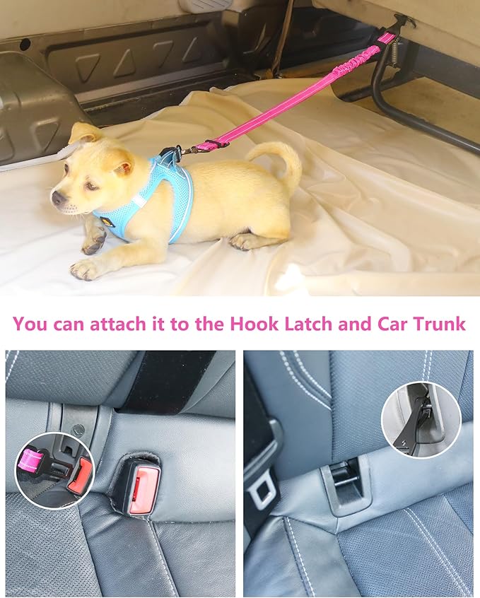 AUBELL Dog Seat Belt for Car,Updated 3-in-1 Adjustable Reflective Bungee Heavy Duty Dog Car Harness Tether with Clip Hook Latch &amp; Buckle,Swivel Zinc Alloy Carabiner,Hotpink