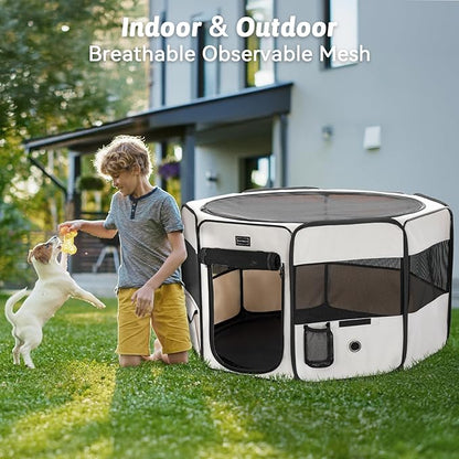 PETSFIT 29" Puppy Playpen with Removable Waterproof Mat &amp; Zippered Roof | RV, Camping, Travel Dog Pen | Indoor/Outdoor Whelping &amp; Cat Observation Space(29.5"x29.5"x16.5"H)