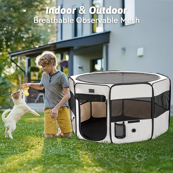 PETSFIT 45.5" Dog Playpen Indoor/Outdoor-Jump-Proof 28.5" Height with Removable Waterproof Mat &amp; Zippered Roof | RV, Camping, Travel Dog Pen | Whelping &amp; Cat Observation Space(45.5"L x 45.5"W x 28.5H)