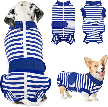 Lukovee Recovery Suit for Dogs - Zipper Onesie for Female &amp; Male Dogs, Abdominal Wounds Cone E-Collar Alternative, Prevent Licking - Spay Recovery Suit (Small, Blue &amp; White)