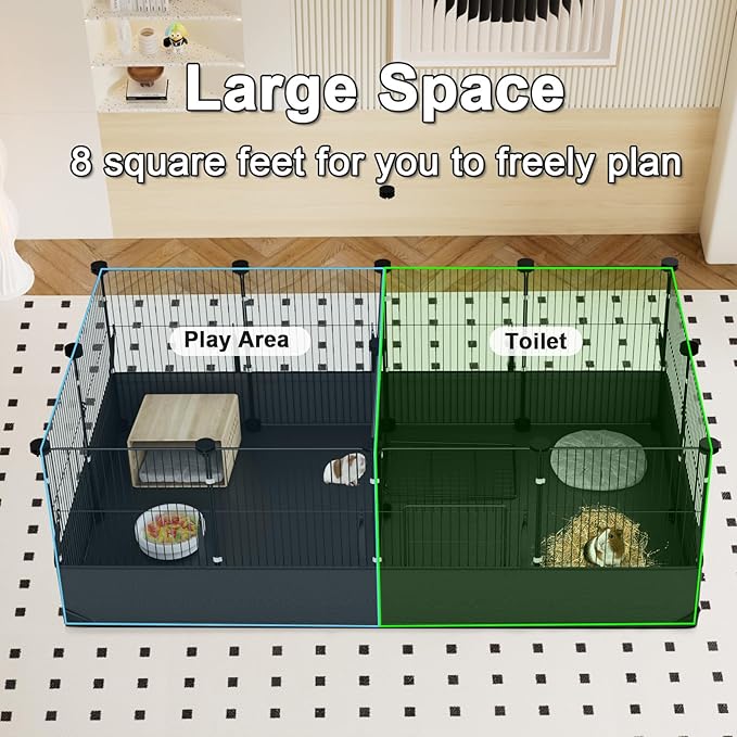 Tresbro Guinea Pig Playpen with 14 Panels &amp; Divided Room, Triple Fixing Measures Small Animal Cage with Waterproof PVC Liner &amp; One-Motion Hooks, Rabbit, Bunny, C&amp;C Grids Cage 48 x 24 x 16 Inches