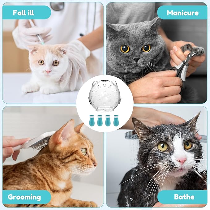 Cat Muzzle, Cat Mouth Cover for Grooming with 4 Silicone Paw Shoes, Cat Anti Bite Helmet, Silicone Claw Covers, Cat Breathable Hood for Cats Bathing Shaving Nail Trimming (Large)