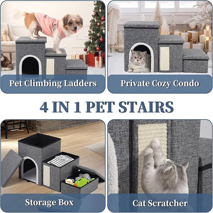 Dog Stairs for High Bed and Couch, 4 IN 1 Foldable Pet Stairs for Cats &amp; Small and Medium Dogs, Adjustable Dog Steps with Pet Climbing Ladders/Cozy Condo/Storage Boxes/Cat Scratcher, Hold Up to 180LBS