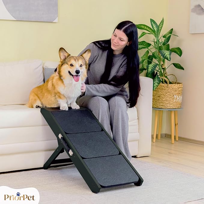 Dog Steps for Bed &amp; Couch 2-in-1 Dog Stairs/Ramp - Height Adjustable Dog Ramp for Couch 7” - 20” - Pet Stairs, Dog Stairs for Small Dogs - Easy to Move Pet Steps with Landing Platform, Black