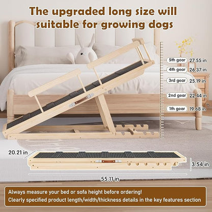 Dog Ramp for Couch, Bed or Car, Wooden 55" Long Pet Stairs for Small &amp; Large Old Dogs &amp; Cats, Hold up to 250lb, 6 Adjustable Height from 19.68" to 27.55" Portable Doggie Steps, Excellent Traction