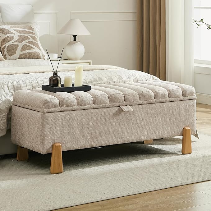 Storage Bench Ottoman 48.6 Inch with Safty Lift Top Lid, Tufted Solid Wood Tapered Legs Footstool for Bedroom, Living Room &amp; Entryway Light Brown