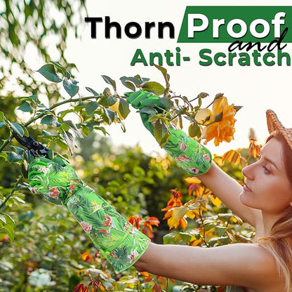 HANDLANDY Women Gardening Gloves, Thorn Proof Breathable Ladies Rose Pruning Long Gauntlet Floral Print Garden Yard Gloves, Gift for Gardeners (Green, L)