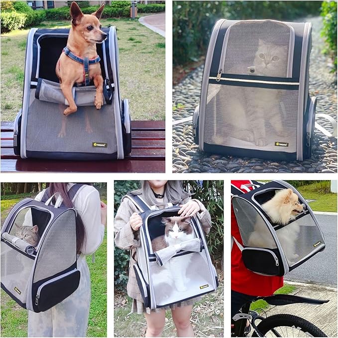 Texsens Cat Backpack - Expandable Pet Carrier for Medium Cats and Small Dogs up to 17 lbs - Breathable, Collapsible &amp; Soft Cat Travel Bag for Outdoor Hiking (Black)