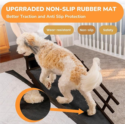 Dog Ramp for Bed, 5 Level Adjustable Dog Ramp for High Beds, Upgrade Rubber Mat High Traction Ramp with Safety Rails, Folding Pet Ramp for Bed, Couch,SUV, Natural Wood Pet Ramp for Small &amp; Old Dogs
