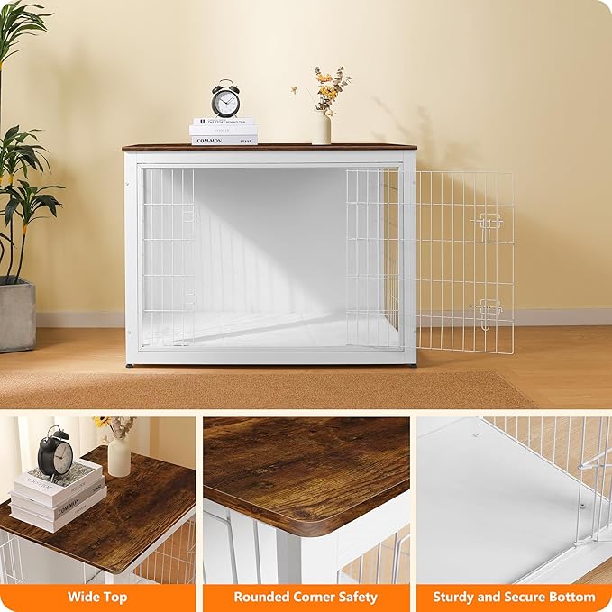 DWANTON Dog Crate Furniture with Cushion, Wooden Kennel Table with Double Doors, Indoor Dog House, Extra Large Size, 43.3" L, White+Rustic Brown