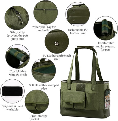 Dog Carrier, Cat Carrier, Pet Carrier, Foldable Waterproof Premium Oxford Cloth Dog Purse, Portable Bag Carrier for Small to Medium Cat and Small Dog（Green）