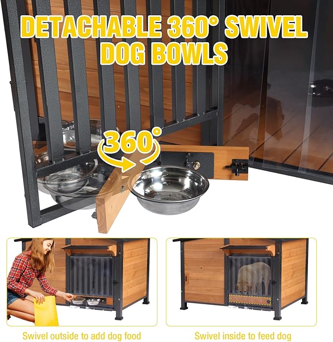 Chew-Resistant Dog House with Metal Frame, Wooden Kennel for Indoor &amp; Outdoor Use, Waterproof Roof &amp; Feeding Bowls Included (Wood, L-in)