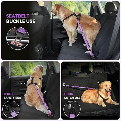 Pawaboo Dog Seatbelt for Car, 3-in-1 Dog Seat Belt Bungee, Shockproof Dogs Tether for Car with Buckle &amp; Hook Latch, Adjustable Reflective Dogs Cars Harness Leash with 360° Lockable Buckle, Purple