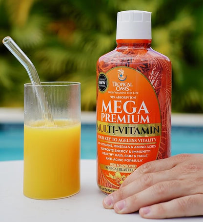 Mega Premium Liquid Multivitamin | Natural Immune Support Vitamin w/ 1333% Vitamin C, 200% D3, Zinc + 20 Vitamins, 70 Minerals, &amp; 21 Amino Acids | Sugar Free | Orange Flavor | 98% Absorption | 32 Serv