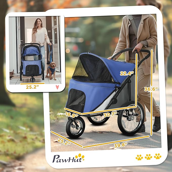 PawHut Dog Stroller, Pet Stroller 3 Wheels with Easy One-Hand Fold, Rubber Wheels, Storage Bag, Soft Cushion, Safety Leash, for Small &amp; Medium Dogs, Blue