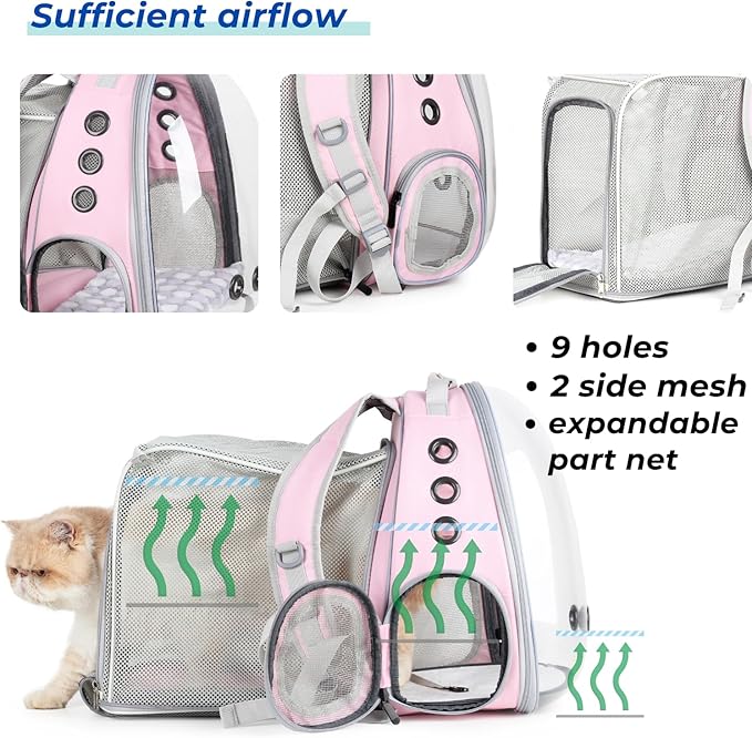 Lollimeow Cat Carrier Backpack, Bubble Expandable Backpack Carrier, Pets and Small Dogs,Airline-Approved, Designed for Travel, Hiking, Walking &amp; Outdoor Use (Square Back Expandable-Pink)