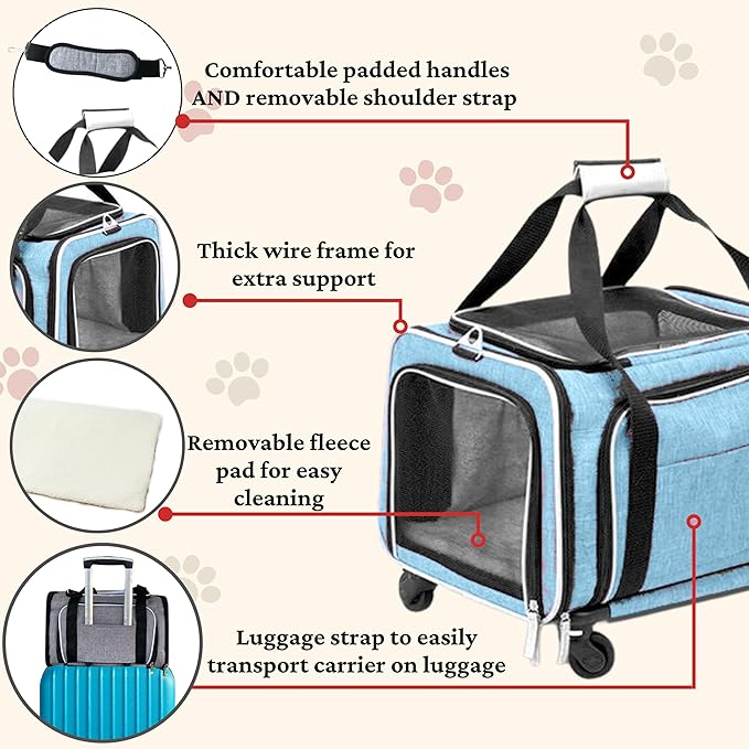 Airline Approved Expandable Premium Pet Carrier on Wheels- Two Sided Expandable Rolling Carrier- Designed for Dogs &amp; Cats- Extra Spacious Soft Lined Carrier! - Light Blue