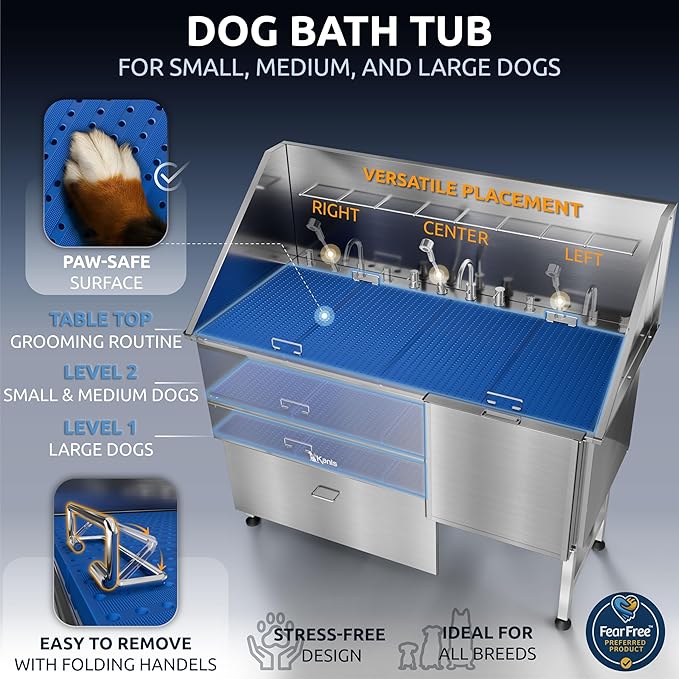 KANIS Professional Dog Washing Station - 304 Stainless Steel Pet Wash Sink &amp; Grooming Bath Tub for Home with Ramp, Shower, Floor Grate, Storage Drawer, Faucet, Drain Kit for Large, Medium &amp; Small Pets