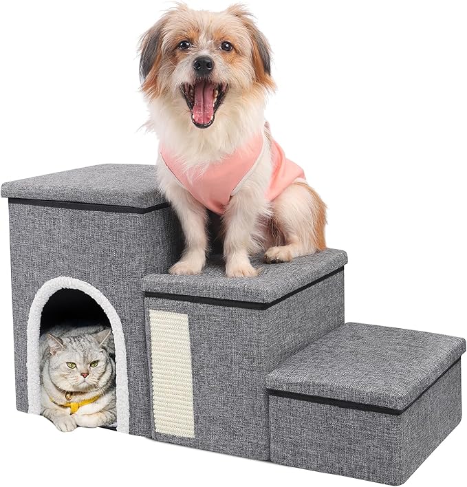 Dog Stairs for High Bed and Couch, 4 IN 1 Foldable Pet Stairs for Cats &amp; Small and Medium Dogs, Adjustable Dog Steps with Pet Climbing Ladders/Cozy Condo/Storage Boxes/Cat Scratcher, Hold Up to 180LBS