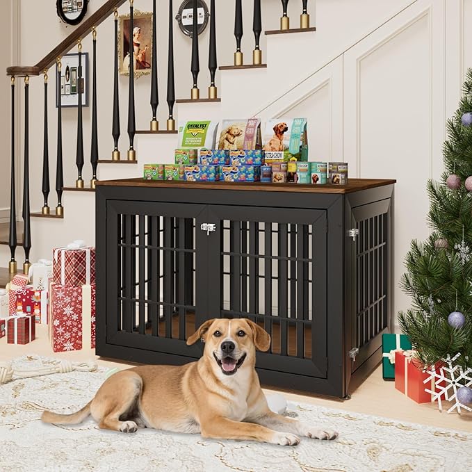 48" Heavy Duty Dog Crate Furniture for Small,Medium and Large Dogs,Rustic Wooden Dog Cage Kennel Indoor Furniture with Waterproof Top,Decorative Pet House Side End Table (Black &amp; Wood)