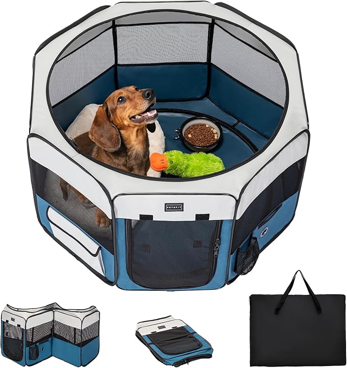 PETSFIT Portable Dog Playpen,36" Dog Play Pen Indoors with Removable Waterproof Mat &amp; Zippered Roof | RV, Camping, Travel Dog Pen | Whelping &amp; Cat Observation Space(36" L x 36" W x 21" H)