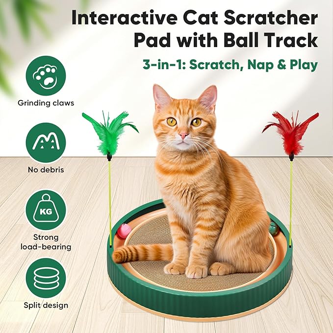 20-Inch Round Cat Scratcher with Ball Track – 3-in-1 Cardboard Scratching Pad with Feather Toy &amp; Non-Slip Base – Interactive Cat Toy for Indoor Cats, Kittens &amp; Large Cats (Green)