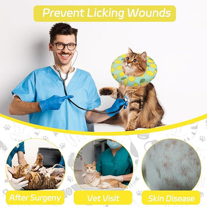 Cat Cone Collar Soft, Adjustable Cat Recovery Collars Kitten Cones to Stop Licking, Cute Donut E Collar After Surgery, Soft Cone Elizabethan Collar for Kittens (Green Lemon, Medium)
