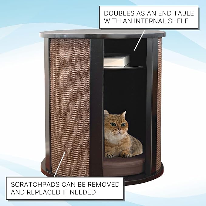 THE REFINED FELINE Purrrrfect End Table Cat Bed Cave in Black Espresso, Multipurpose Wood Cat Furniture Nightstand, Easy to Clean Covered Cat Bed with Replaceable Scratching Post &amp; Washable Cushion