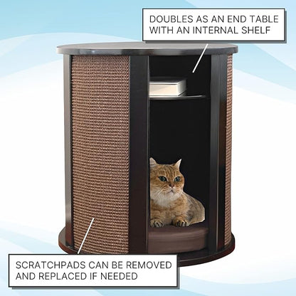 THE REFINED FELINE Purrrrfect End Table Cat Bed Cave in Black Espresso, Multipurpose Wood Cat Furniture Nightstand, Easy to Clean Covered Cat Bed with Replaceable Scratching Post &amp; Washable Cushion