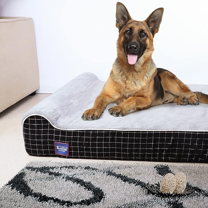 Laifug Orthopedic Memory Foam Extra Large Dog Bed with Pillow and Durable Water Proof Liner &amp; Removable Washable Cover &amp; Smart Design (Jumbo (50"x36"x10"), Black Grid Gray)