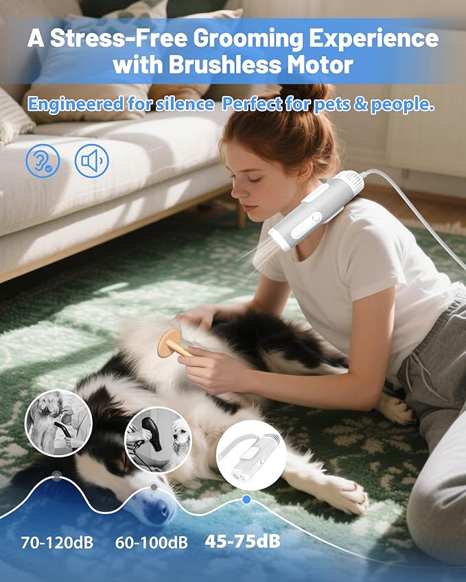 Hands-Free Dog Hair Dryer – Low Noise Pet Grooming Blower for Small &amp; Medium Dogs Cats, Fast Drying, Adjustable Heat &amp; Speed, Portable (Gray)