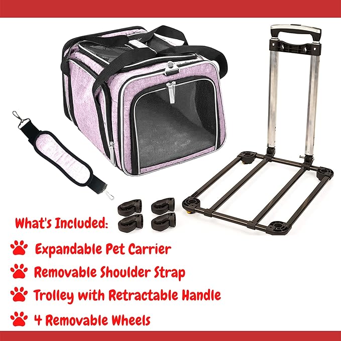 Airline Approved Expandable Premium Pet Carrier on Wheels- Two Sided Rolling Carrier- Designed for Dogs &amp; Cats- Extra Spacious Soft Lined Carrier! - Pink (RL-PET-CARRIER-WHEELS)