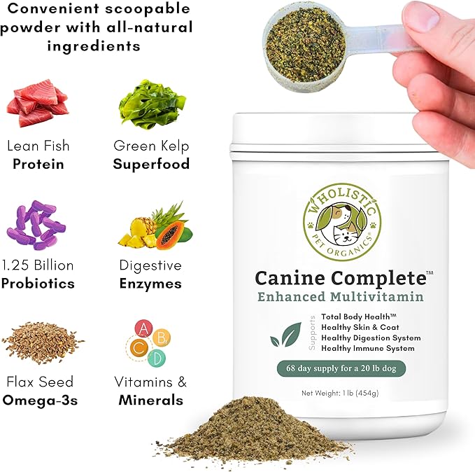 Wholistic Pet Organics Canine Complete - Dog Multivitamin Powder - 1 Lb - Daily Dog Vitamins and Supplements for Homemade Food - Immune System, Skin, Coat &amp; Overall Health - Small and Large Breed