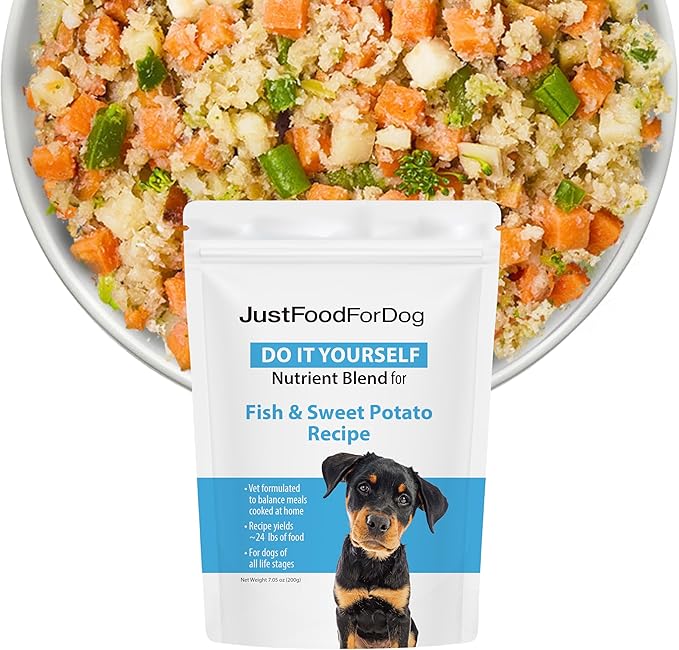 JustFoodForDogs DIY Nutrient Blend for Homemade Dog Food, Fish &amp; Sweet Potato Recipe, 5.92oz