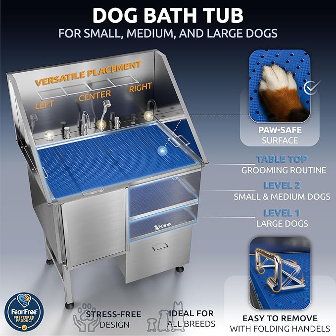 KANIS Professional Stainless Steel Dog Bathing Station - Grooming Tub w/Ramp, Storage Drawer, Floor Grate &amp; Faucet/Dog Bathtub for Large, Medium &amp; Small Pets (40", 1 Drawer - Left RAMP)