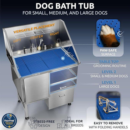 KANIS Professional Stainless Steel Dog Bathing Station - Grooming Tub w/Ramp, Storage Drawer, Floor Grate &amp; Faucet/Dog Bathtub for Large, Medium &amp; Small Pets (40", 1 Drawer - Left RAMP)