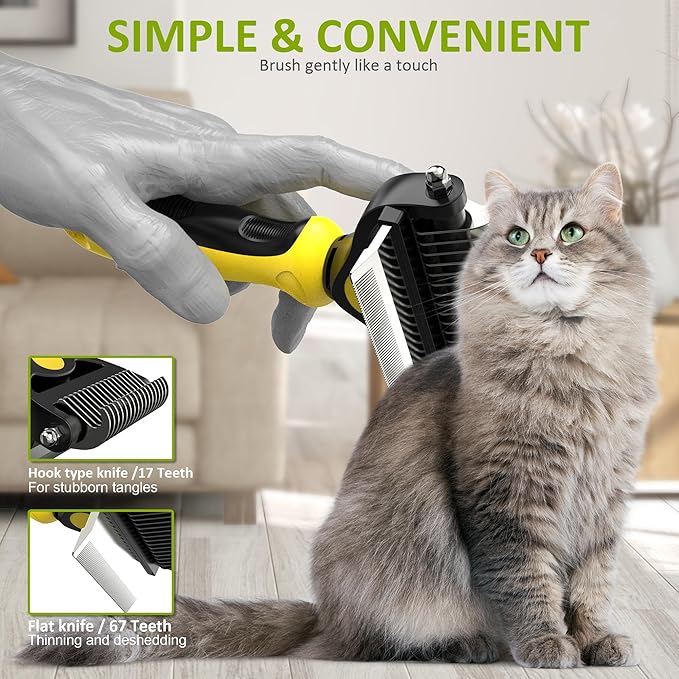Spring Blossoms-2 in 1 Professional Grooming Rake for Cats &amp; Dogs-Dematting Comb for Easy Mats &amp; Tangles Removing,Pet Brush Safe No More Nasty Shedding and Flying Hair (Lemon Yellow)