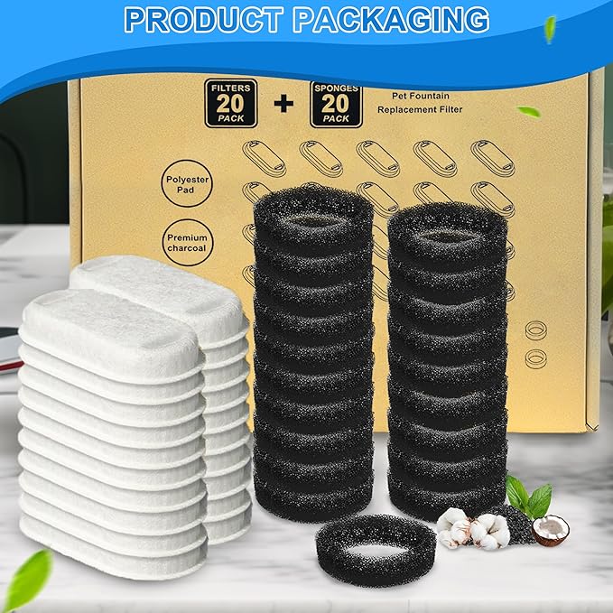 Cat Water Fountain Filters, 40 Pack Cat Replacement Filters for Stainless Steel 108oz/3.2L&amp; 67oz/2L adjustable Flow Pet Water, Dog Fountain Filter（20 + 20 Pack)