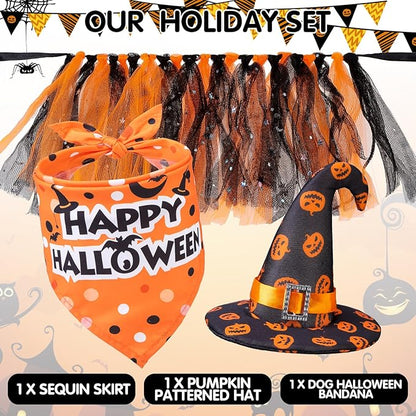 SCENEREAL Small Dog Halloween Costumes, Bandana Hat Dress Set, 3pcs Puppy Party Supplies, Soft Triangle Scarf, Cute Tutu Skirt Outfit for Girl Boy Pet