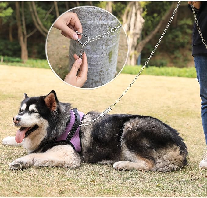 25ft Heavy Duty Chew Proof Dog Tie Out Chain Leash with Shock Absorbing Spring&amp;Lockable Hooks-Up to 200Lbs,Use for Yard,Garden,Camping or Travel