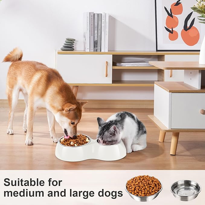 Double Dog Bowls Set – Non-Slip Pet Food &amp; Water Dishes with Resin Stand, Includes Small (1 Cup) &amp; Medium (2 Cups) Bowls – Ideal for Puppies, Cats, and Medium Dogs – White